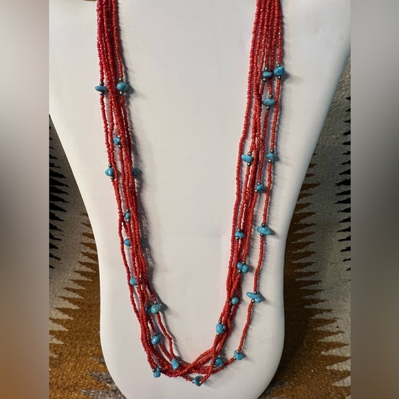 Vintage Artisan Crafted Red Coral & Turquoise 6-Strand Necklace - Picture 2 of 12